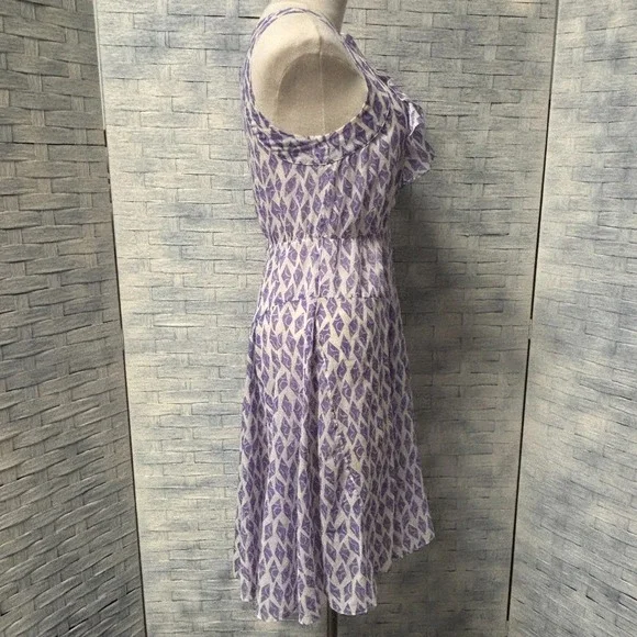 Meadow Rue A-Line Dress Womens 4 Sleeveless Ruffle Neck Purple Diamond Print - Picture 3 of 6